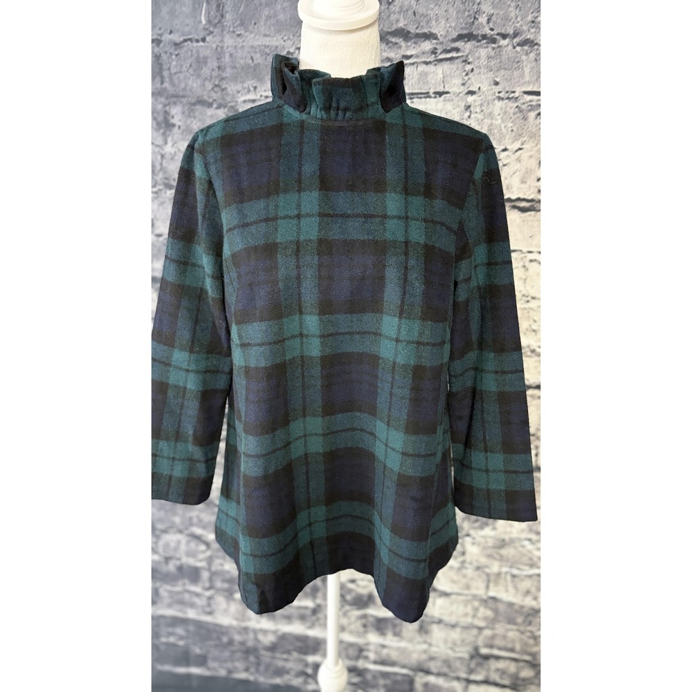Tuckernuck Blouse Womens M Green Plaid Ruffle High Neck 3/4 Sleeve Top - Picture 2 of 13